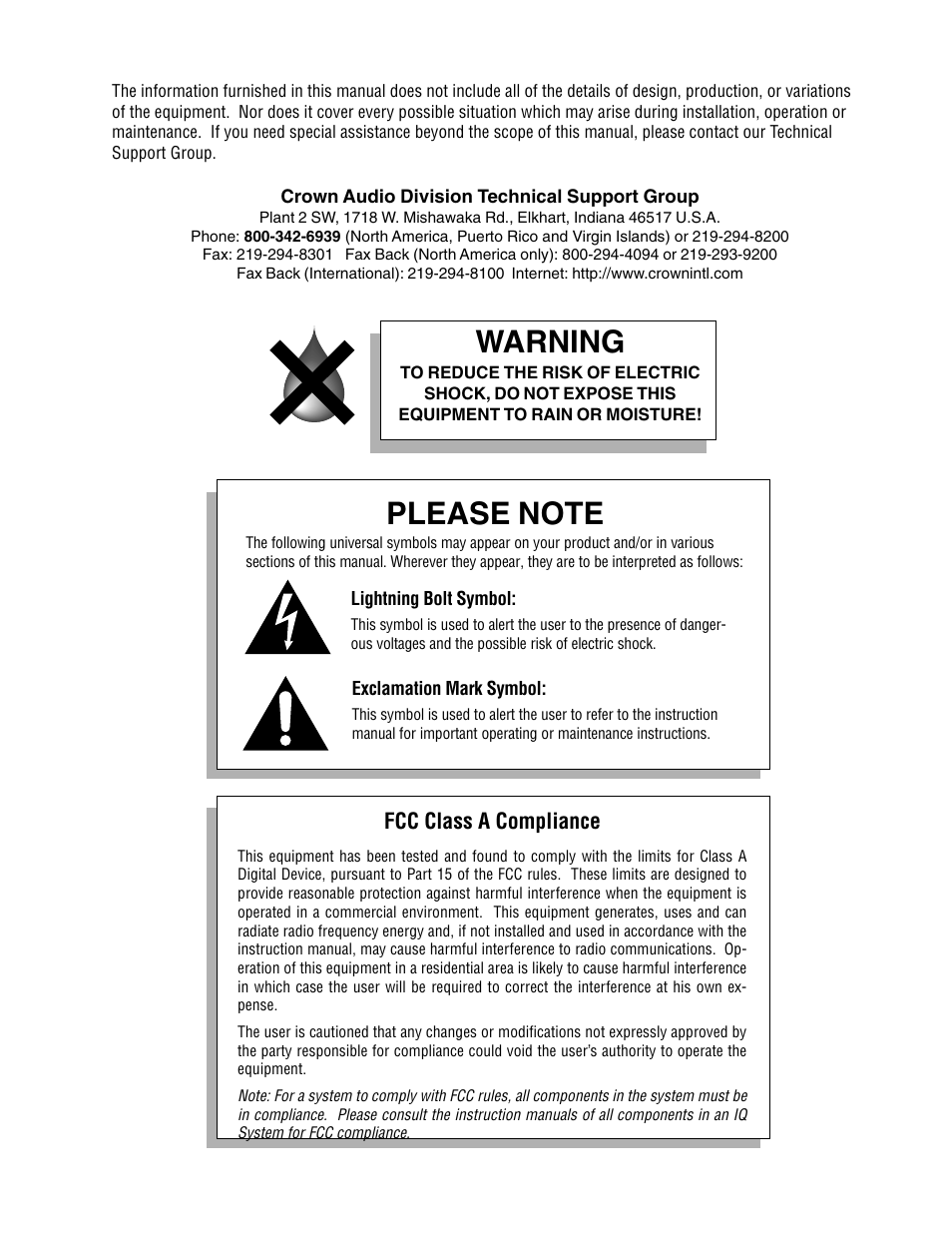 Warning | Crown Audio IQ-RPT User Manual | Page 3 / 12