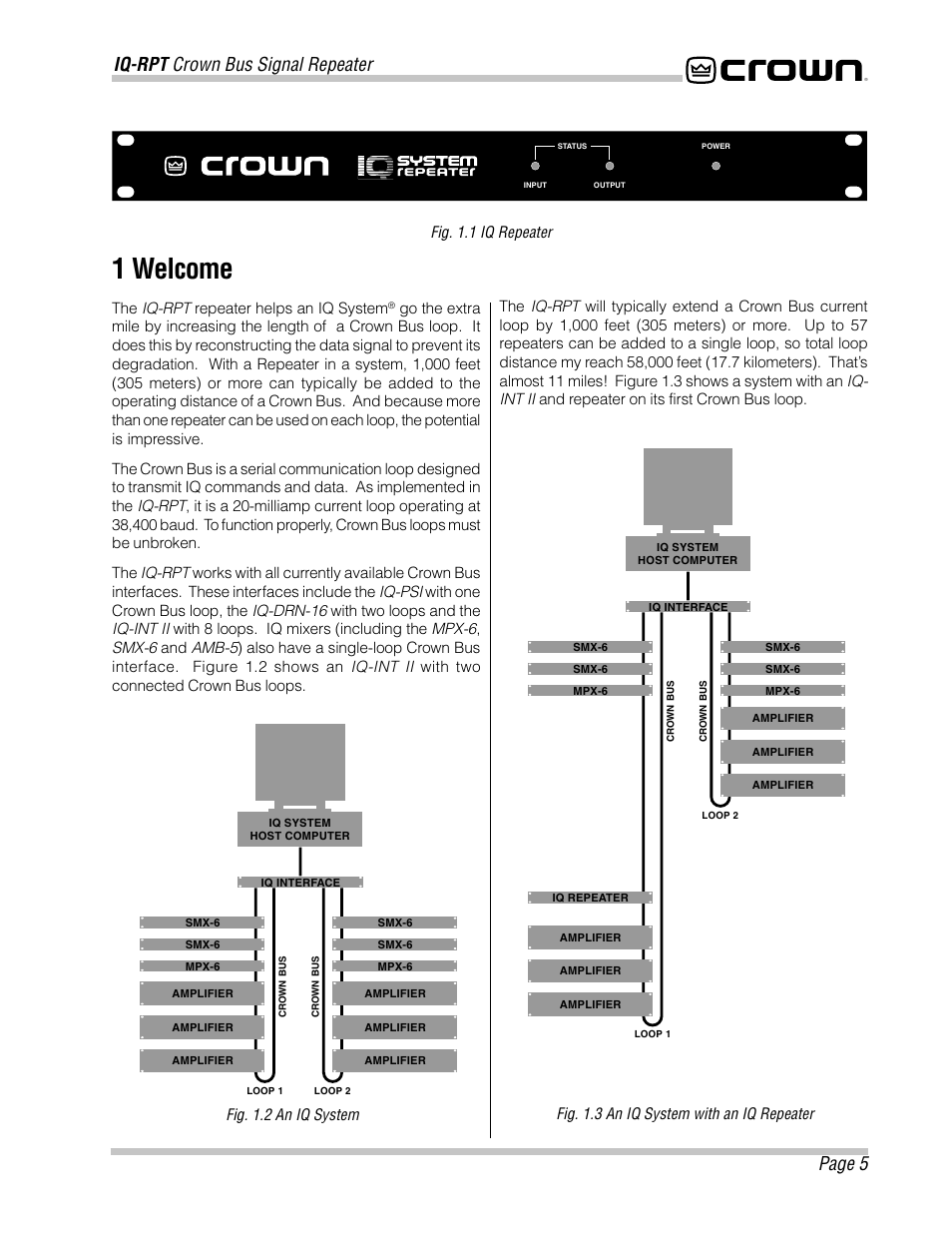 1 welcome, Iq-rpt crown bus signal repeater, Page 5 | Crown Audio IQ-RPT User Manual | Page 5 / 12