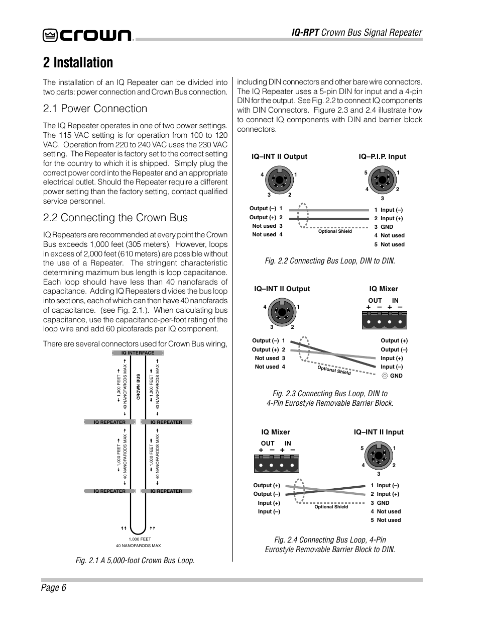 2 installation, 1 power connection, 2 connecting the crown bus | Iq-rpt crown bus signal repeater page 6 | Crown Audio IQ-RPT User Manual | Page 6 / 12