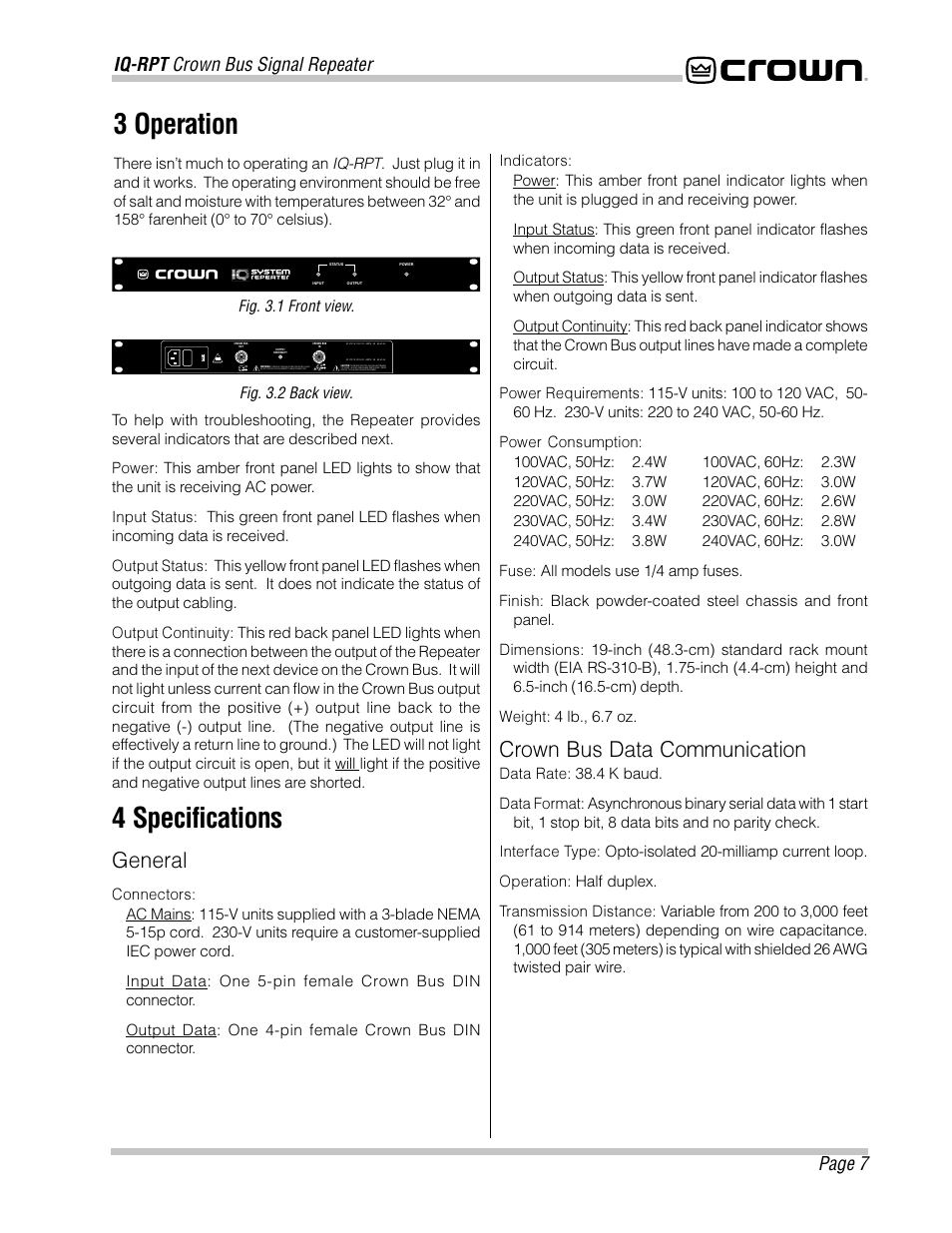 3 operation, 4 specifications, General | Crown bus data communication, Iq-rpt crown bus signal repeater, Page 7 | Crown Audio IQ-RPT User Manual | Page 7 / 12