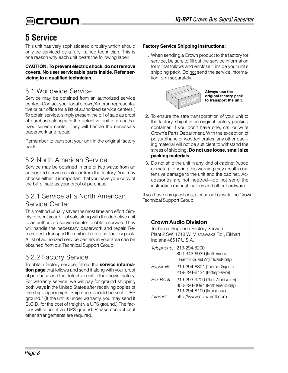 5 service, 1 worldwide service, 2 north american service | 1 service at a north american service center, 2 factory service | Crown Audio IQ-RPT User Manual | Page 8 / 12