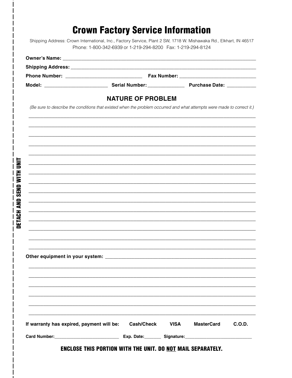 Crown factory service information, Nature of problem | Crown Audio IQ-RPT User Manual | Page 9 / 12