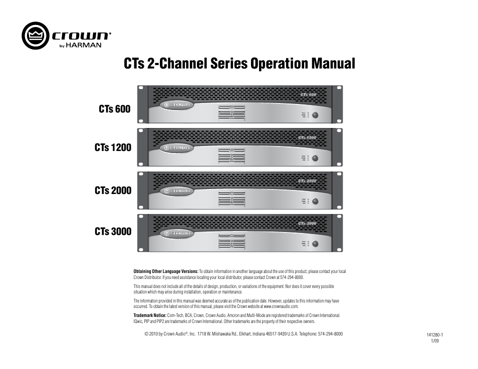 Crown Audio CTs Series (2 Channel) User Manual | 19 pages