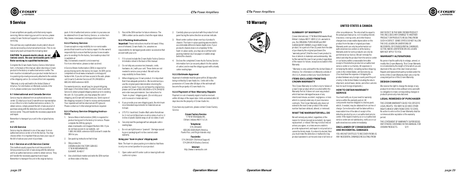 9 service, 10 warranty, United states & canada | Crown Audio CTs Series (2 Channel) User Manual | Page 15 / 19