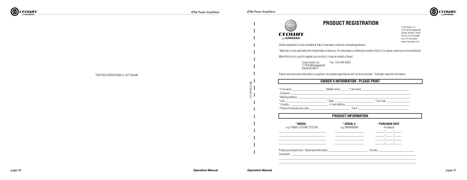 Product registration | Crown Audio CTs Series (2 Channel) User Manual | Page 16 / 19