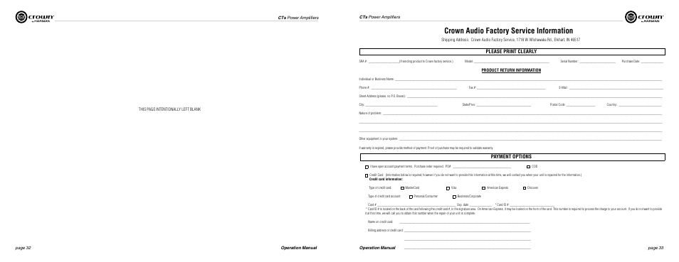 Crown audio factory service information, Please print clearly, Payment options | Crown Audio CTs Series (2 Channel) User Manual | Page 17 / 19