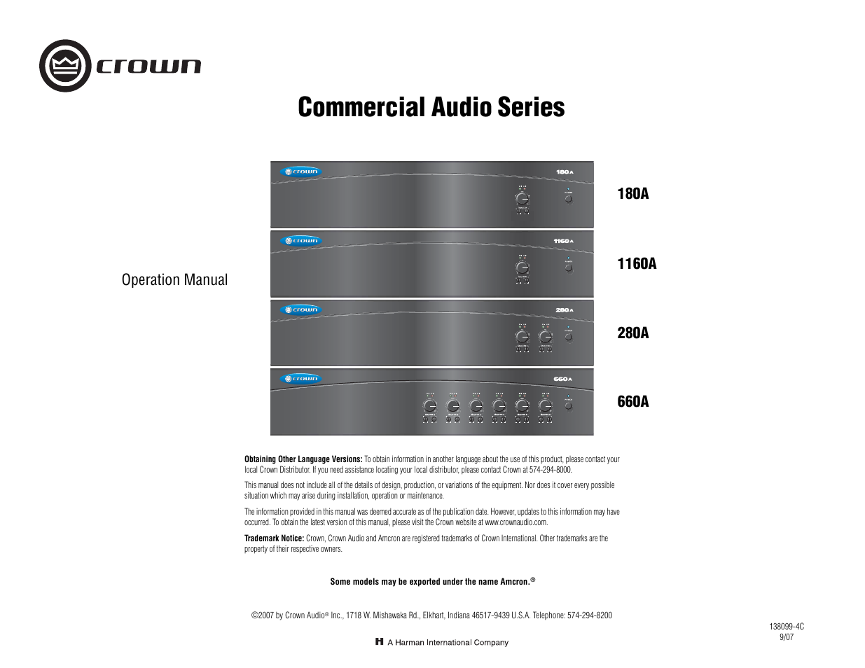 Crown Audio Commercial Audio Series (180A-280A-660A-1160A) User Manual | 24 pages
