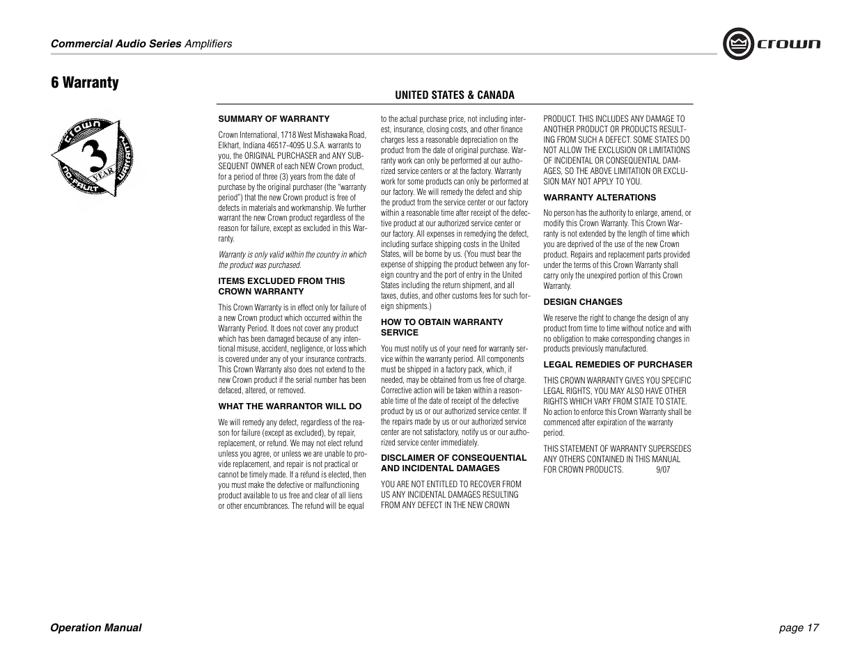 6 warranty | Crown Audio Commercial Audio Series (180A-280A-660A-1160A) User Manual | Page 17 / 24