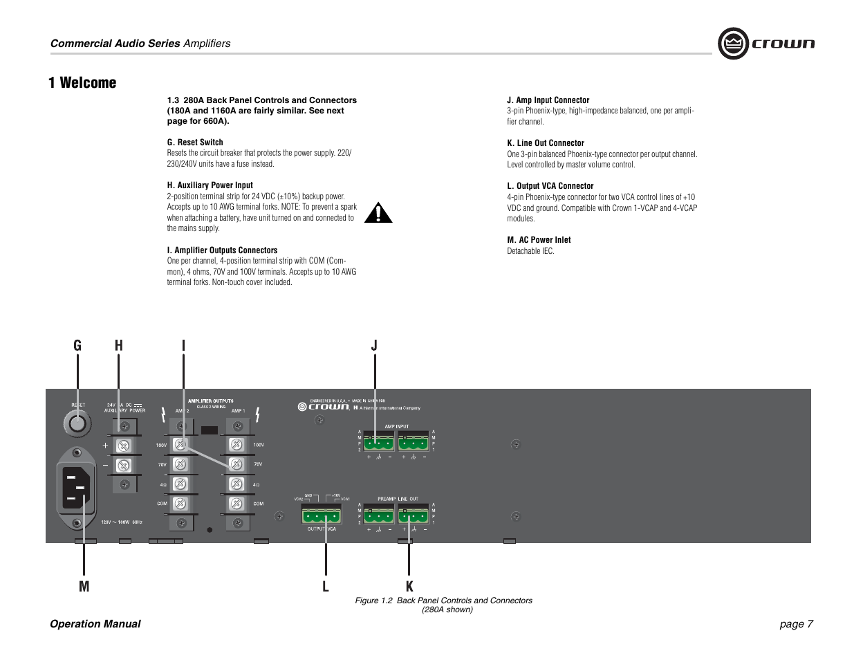 1 welcome | Crown Audio Commercial Audio Series (180A-280A-660A-1160A) User Manual | Page 7 / 24