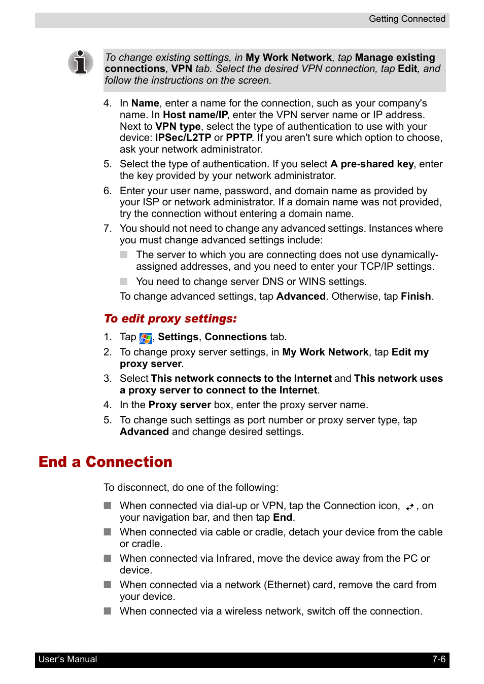 End a connection, End a connection -6 | Toshiba Pocket PC e800 User Manual | Page 100 / 223