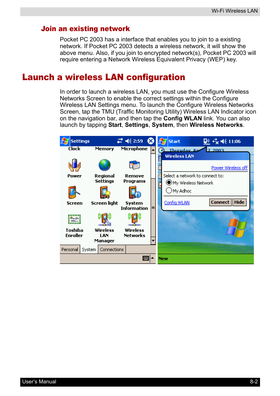 Join an existing network, Launch a wireless lan configuration, Launch a wireless lan configuration -2 | Toshiba Pocket PC e800 User Manual | Page 103 / 223