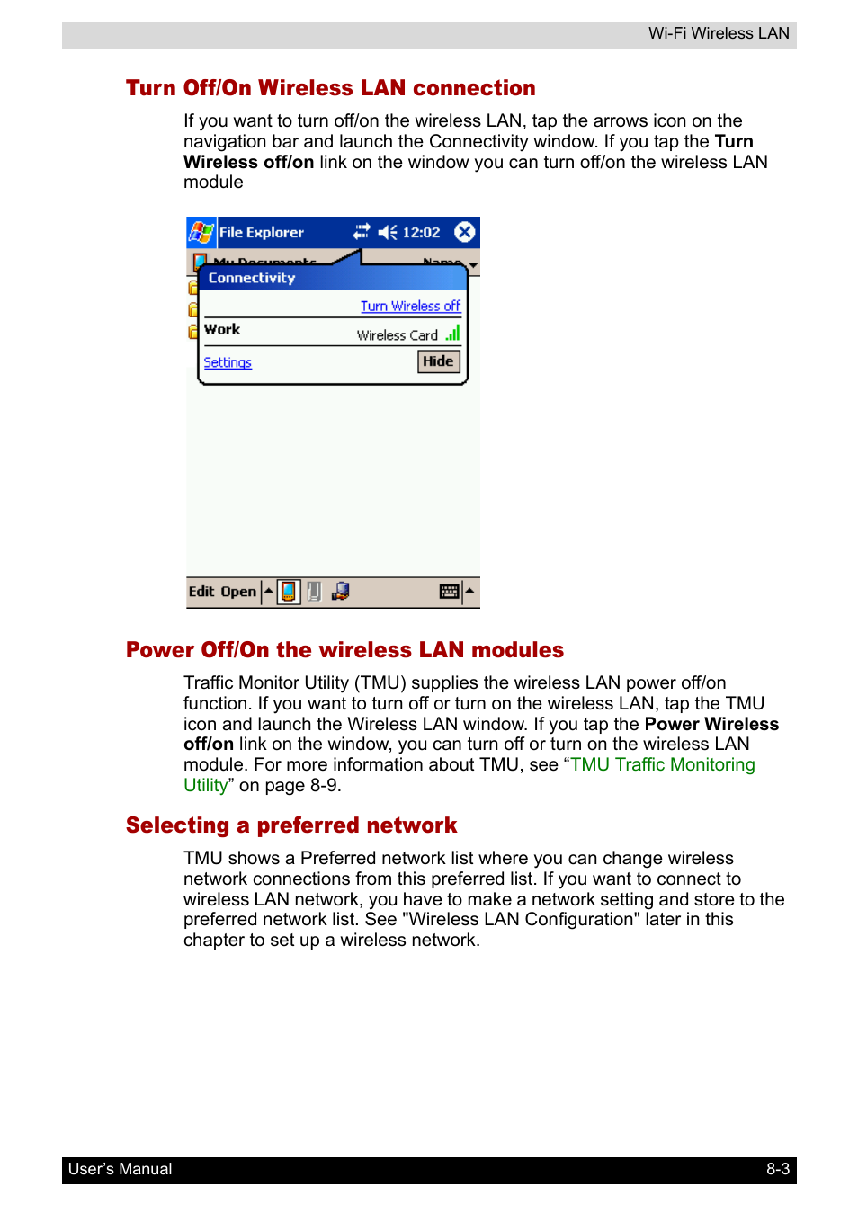 Turn off/on wireless lan connection, Power off/on the wireless lan modules, Selecting a preferred network | Toshiba Pocket PC e800 User Manual | Page 104 / 223