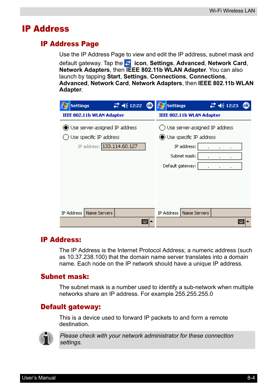 Ip address, Subnet mask, Default gateway | Ip address -4 | Toshiba Pocket PC e800 User Manual | Page 105 / 223