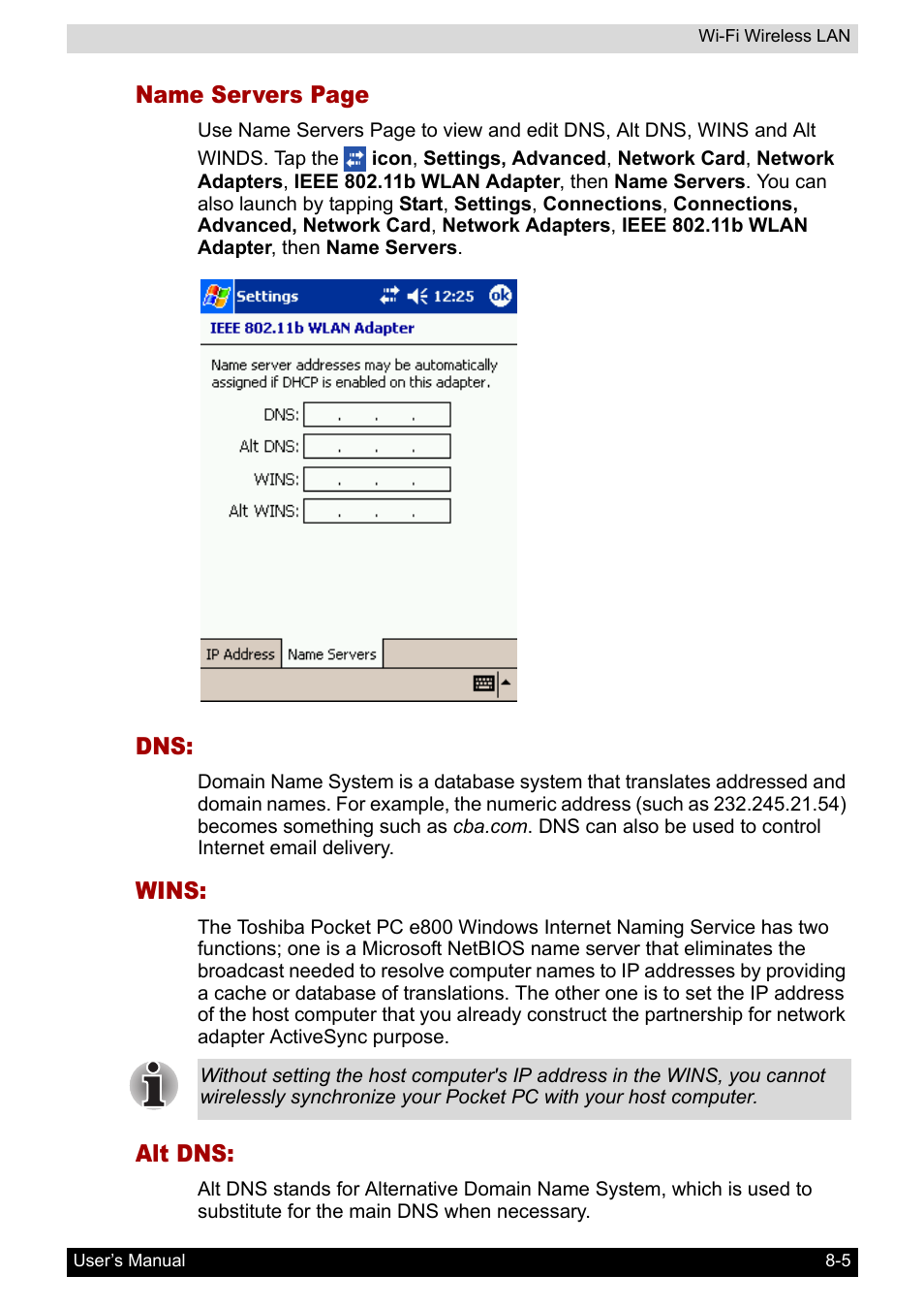 Wins, Alt dns, Name servers page | Toshiba Pocket PC e800 User Manual | Page 106 / 223