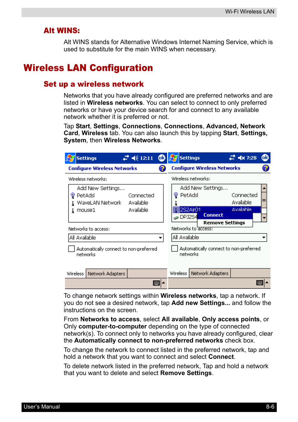 Alt wins, Wireless lan configuration, Set up a wireless network | Wireless lan configuration -6, St. see "wireless lan configuration | Toshiba Pocket PC e800 User Manual | Page 107 / 223