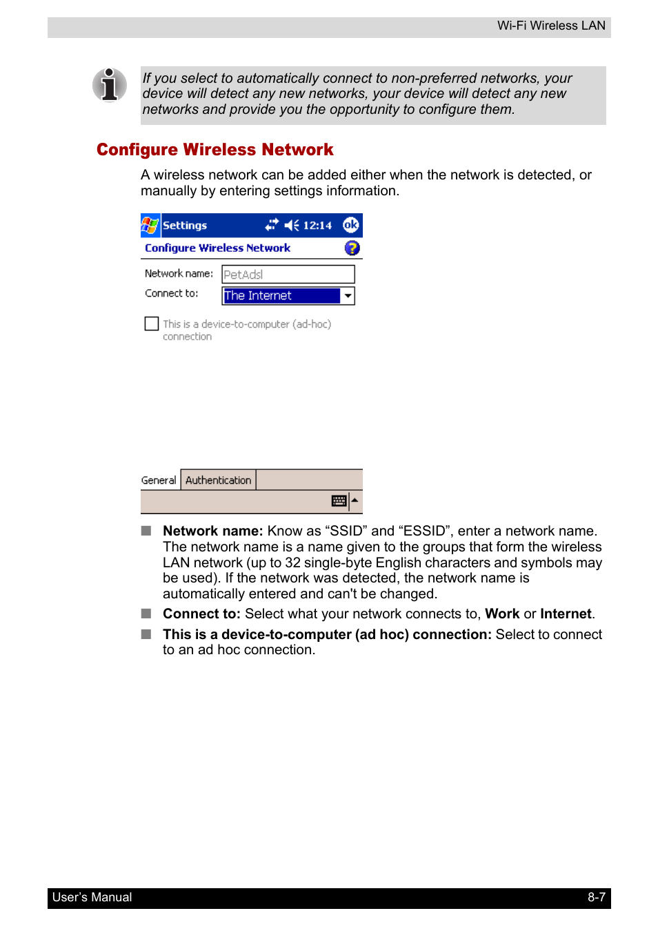 Configure wireless network | Toshiba Pocket PC e800 User Manual | Page 108 / 223