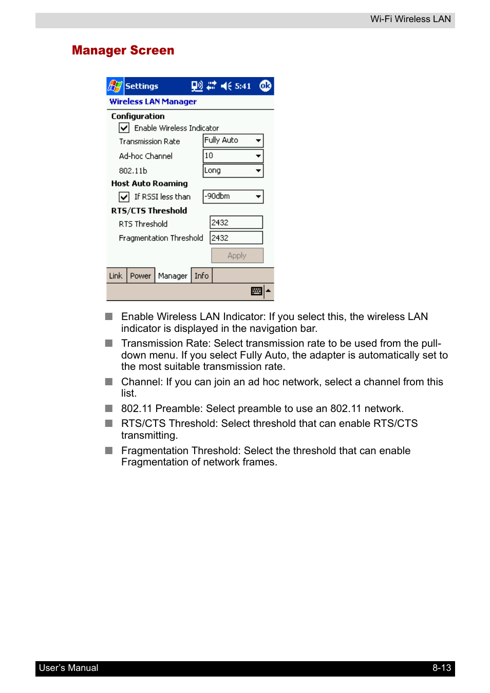 Manager screen | Toshiba Pocket PC e800 User Manual | Page 114 / 223