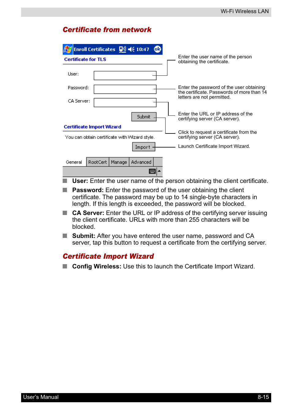 Certificate from network, Certificate import wizard | Toshiba Pocket PC e800 User Manual | Page 116 / 223