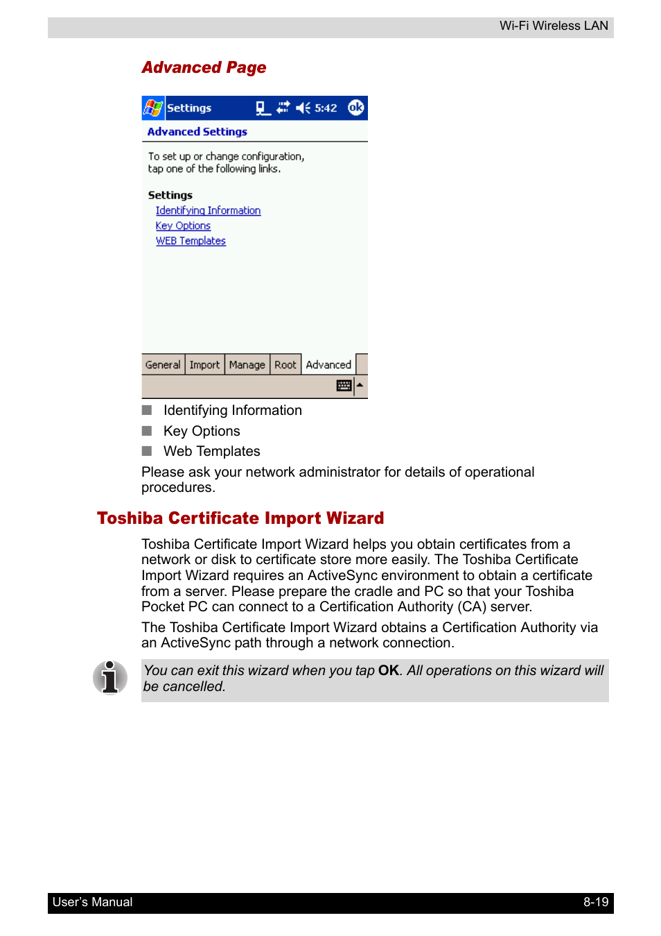 Toshiba certificate import wizard | Toshiba Pocket PC e800 User Manual | Page 120 / 223