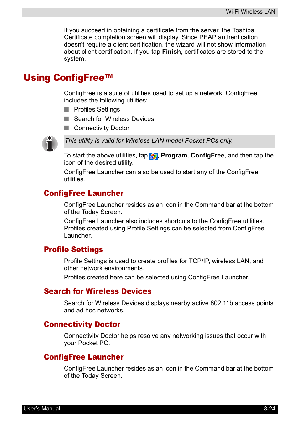 Using configfree, Configfree launcher, Profile settings | Search for wireless devices, Connectivity doctor, Using configfree™ -24 | Toshiba Pocket PC e800 User Manual | Page 125 / 223