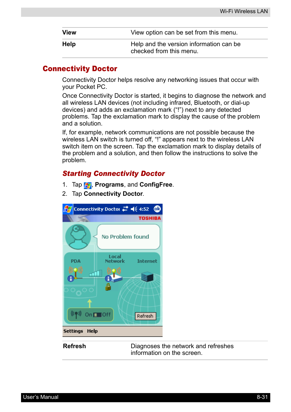 Connectivity doctor | Toshiba Pocket PC e800 User Manual | Page 132 / 223