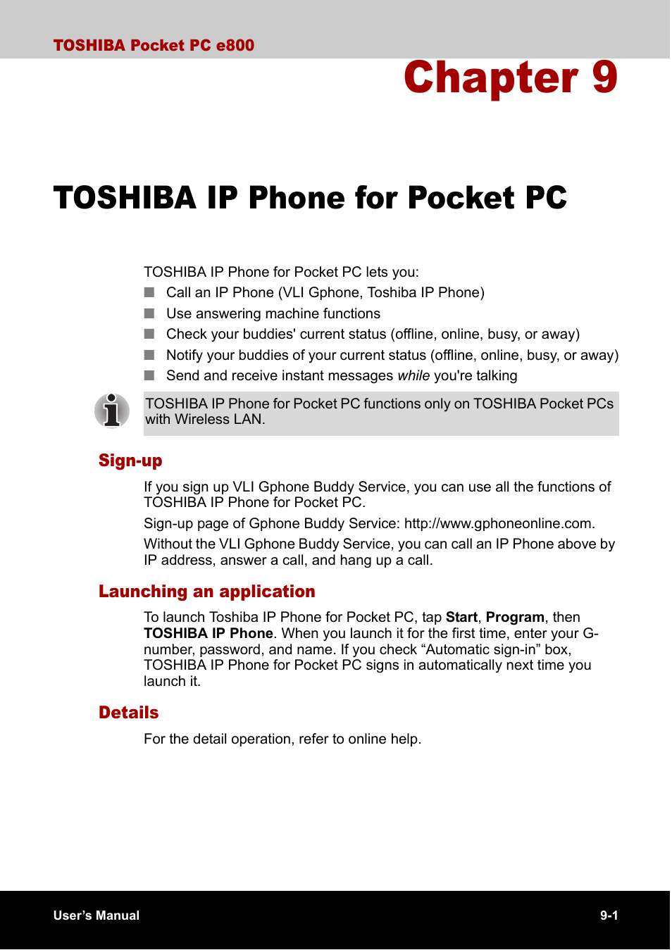 Toshiba ip phone for pocket pc, Sign-up, Launching an application | Details, Chapter 9 | Toshiba Pocket PC e800 User Manual | Page 134 / 223