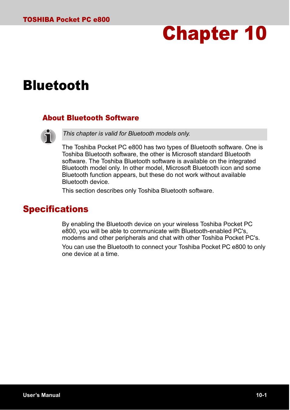 Bluetooth, About bluetooth software, Specifications | Chapter 10, Specifications -1 | Toshiba Pocket PC e800 User Manual | Page 135 / 223