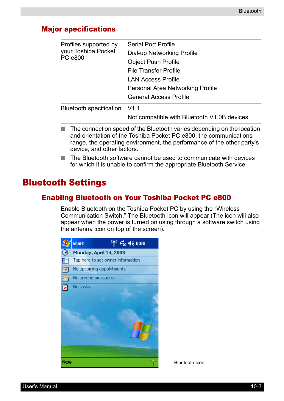 Major specifications, Bluetooth settings, Enabling bluetooth on your toshiba pocket pc e800 | Bluetooth settings -3 | Toshiba Pocket PC e800 User Manual | Page 137 / 223