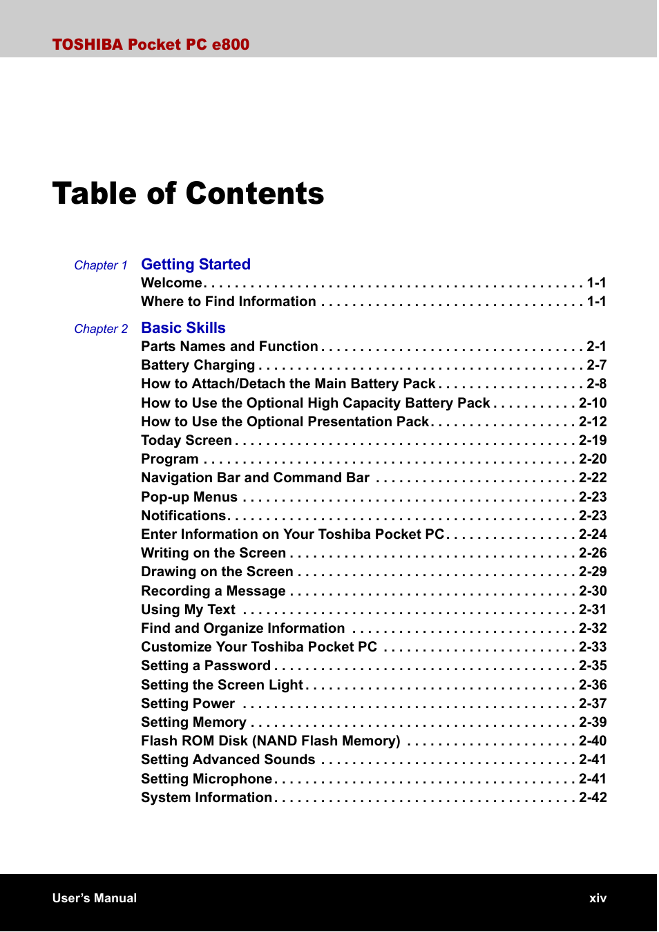 Toshiba Pocket PC e800 User Manual | Page 14 / 223