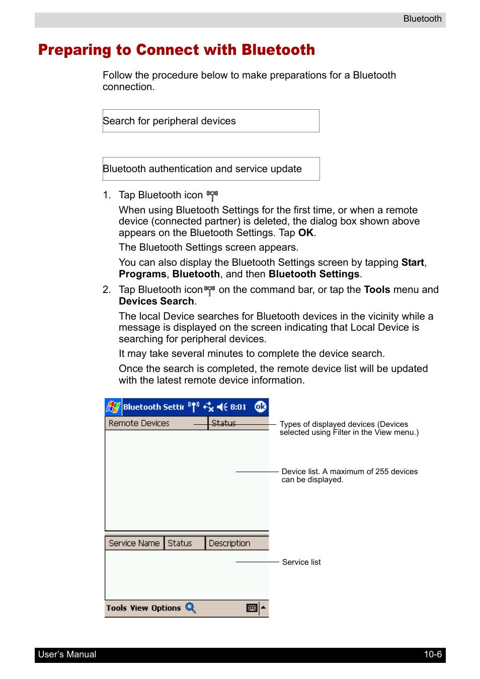 Preparing to connect with bluetooth, Preparing to connect with bluetooth -6 | Toshiba Pocket PC e800 User Manual | Page 140 / 223