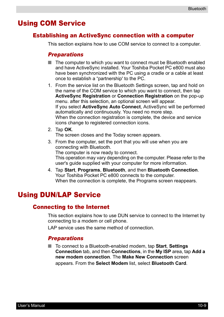 Using com service, Using dun/lap service, Connecting to the internet | Using com service -9 using dun/lap service -9, Service, see | Toshiba Pocket PC e800 User Manual | Page 143 / 223