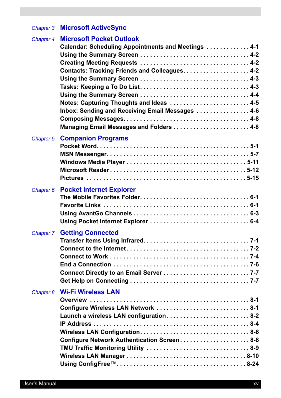Toshiba Pocket PC e800 User Manual | Page 15 / 223