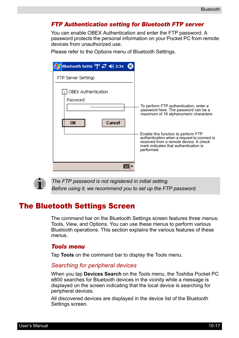 The bluetooth settings screen, The bluetooth settings screen -17, Tools menu | Searching for peripheral devices | Toshiba Pocket PC e800 User Manual | Page 151 / 223