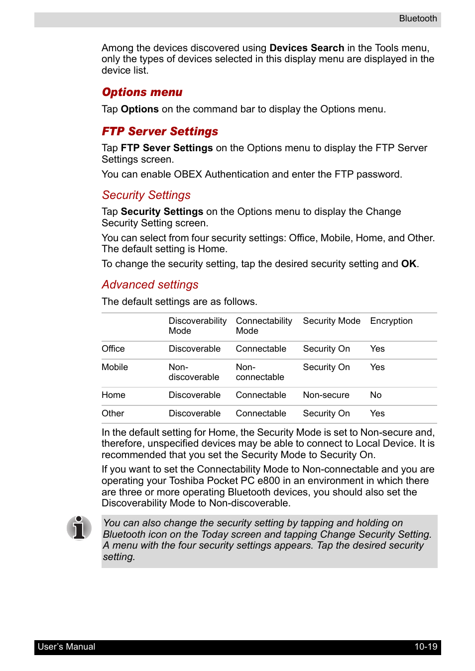Options menu, Ftp server settings, Security settings | Advanced settings | Toshiba Pocket PC e800 User Manual | Page 153 / 223