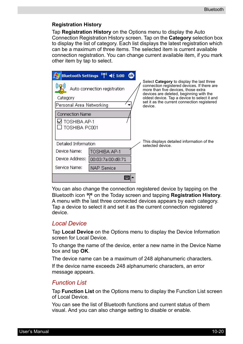 Local device, Function list | Toshiba Pocket PC e800 User Manual | Page 154 / 223