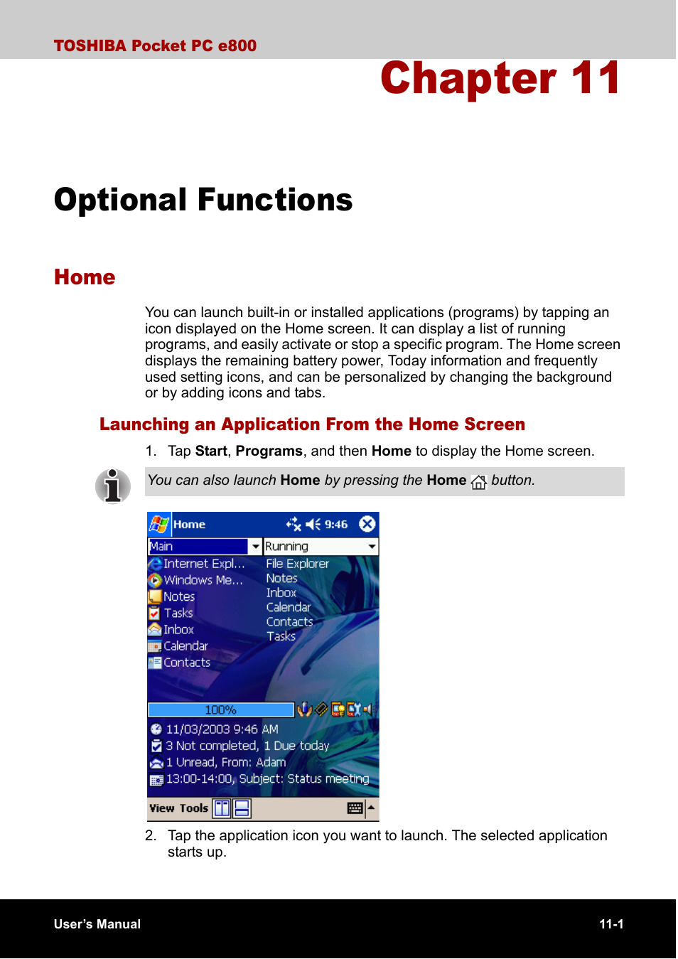 Optional functions, Home, Launching an application from the home screen | Chapter 11, Home -1 | Toshiba Pocket PC e800 User Manual | Page 156 / 223