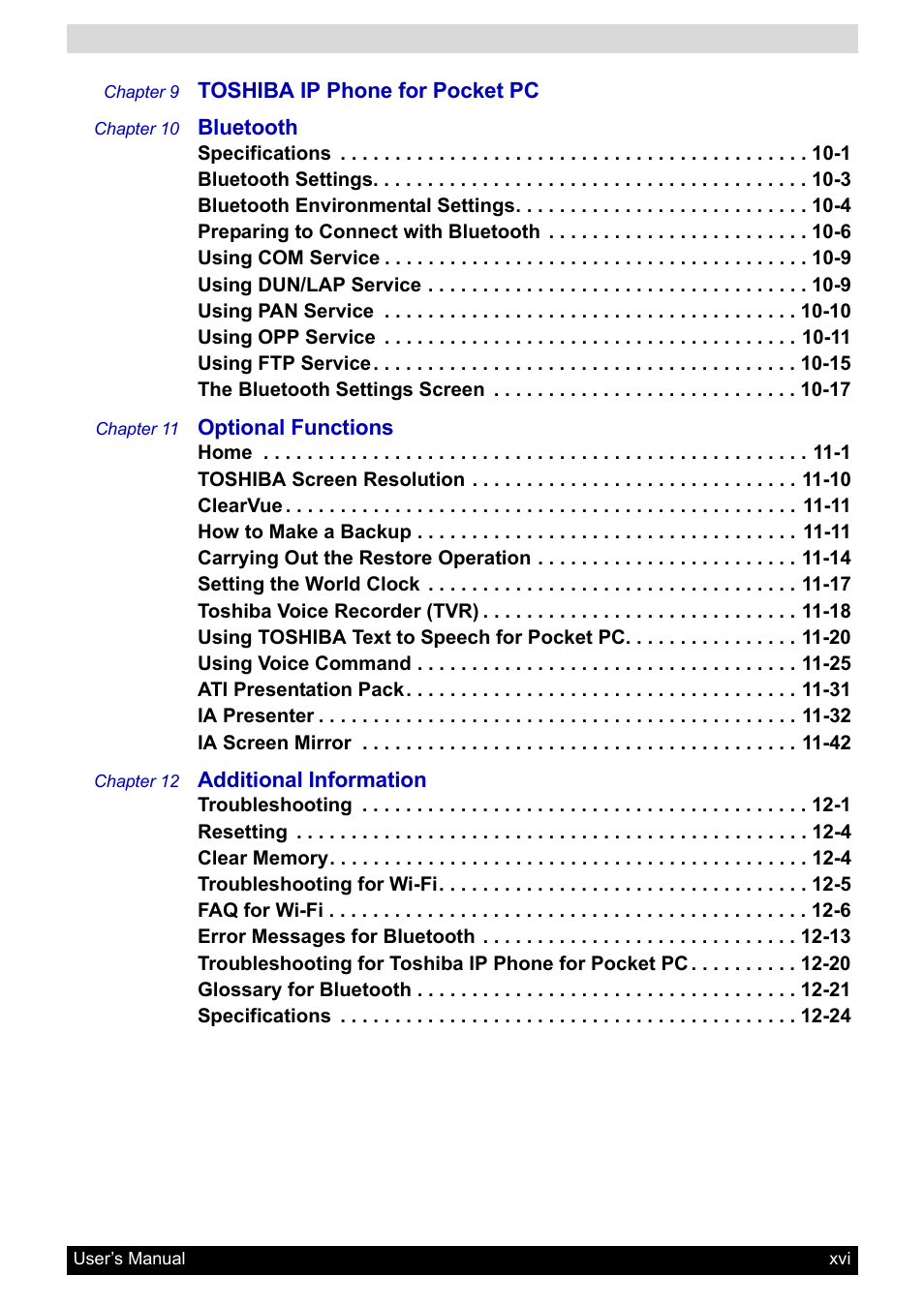 Toshiba Pocket PC e800 User Manual | Page 16 / 223