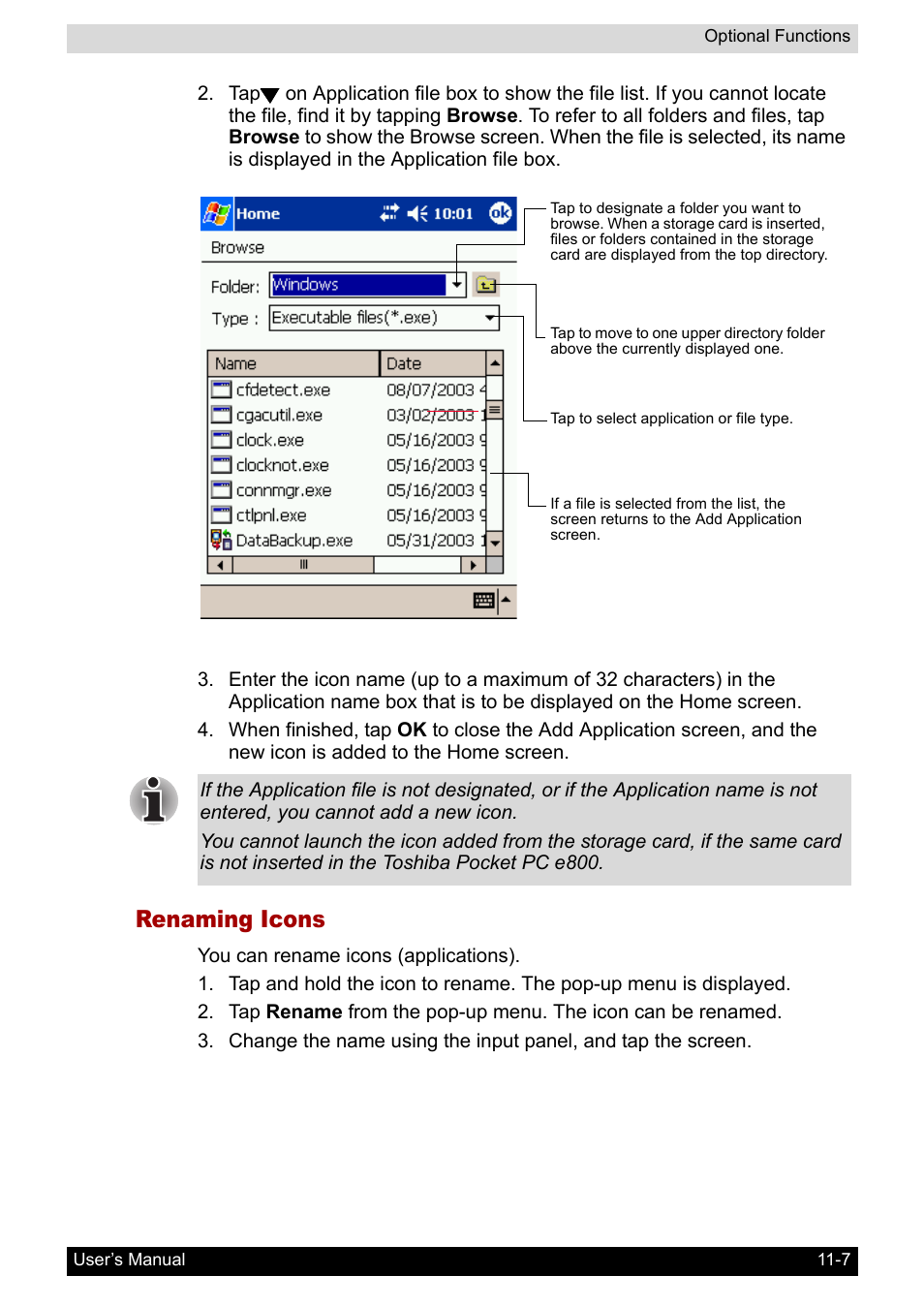 Renaming icons | Toshiba Pocket PC e800 User Manual | Page 162 / 223