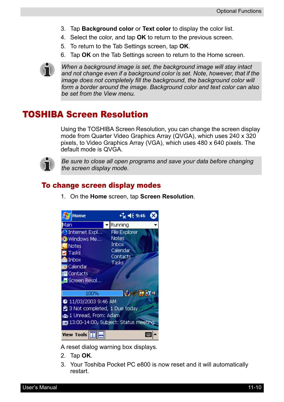 Toshiba screen resolution, To change screen display modes, Toshiba screen resolution -10 | Toshiba Pocket PC e800 User Manual | Page 165 / 223