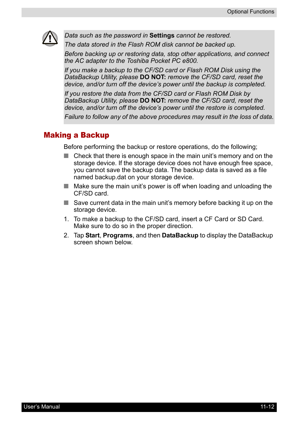 Making a backup, Making a, Backup | Toshiba Pocket PC e800 User Manual | Page 167 / 223