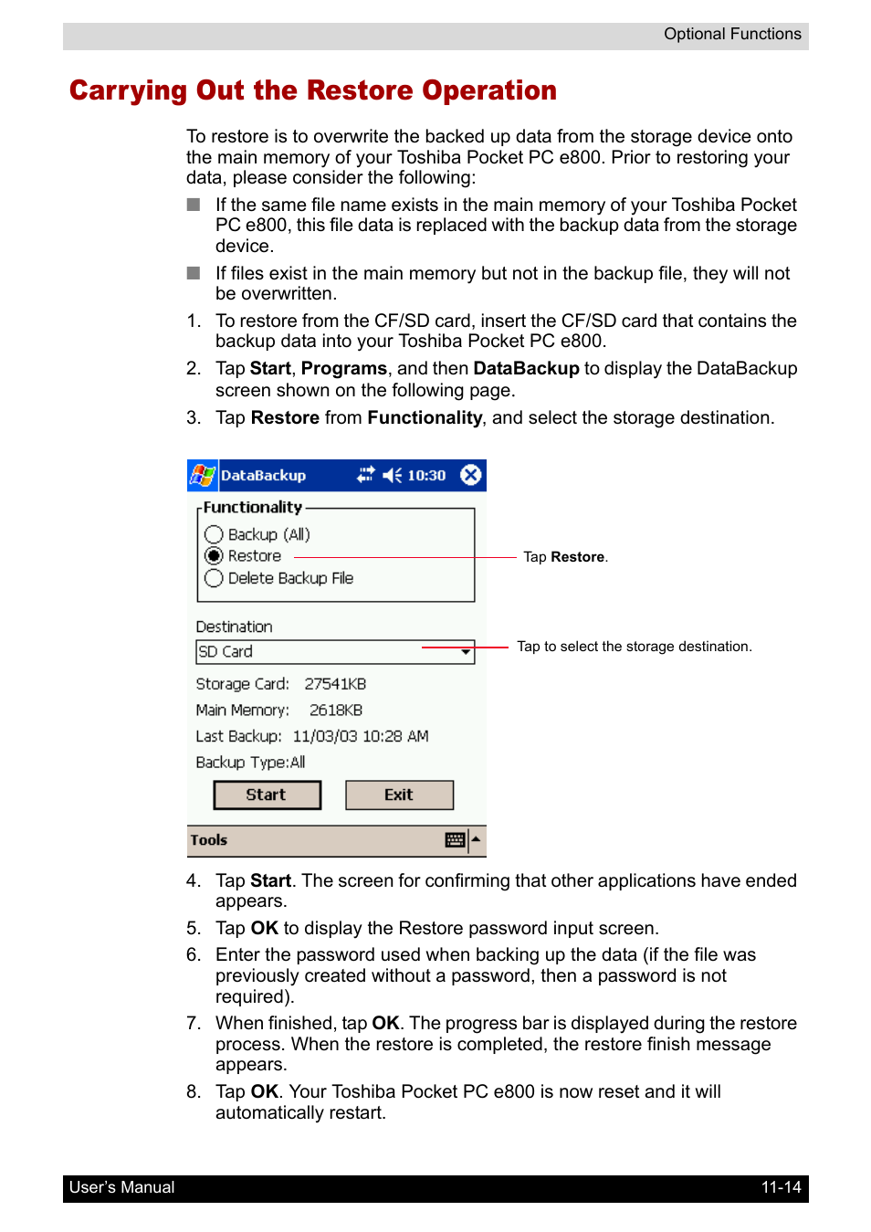 Carrying out the restore operation, Carrying out the restore operation -14 | Toshiba Pocket PC e800 User Manual | Page 169 / 223