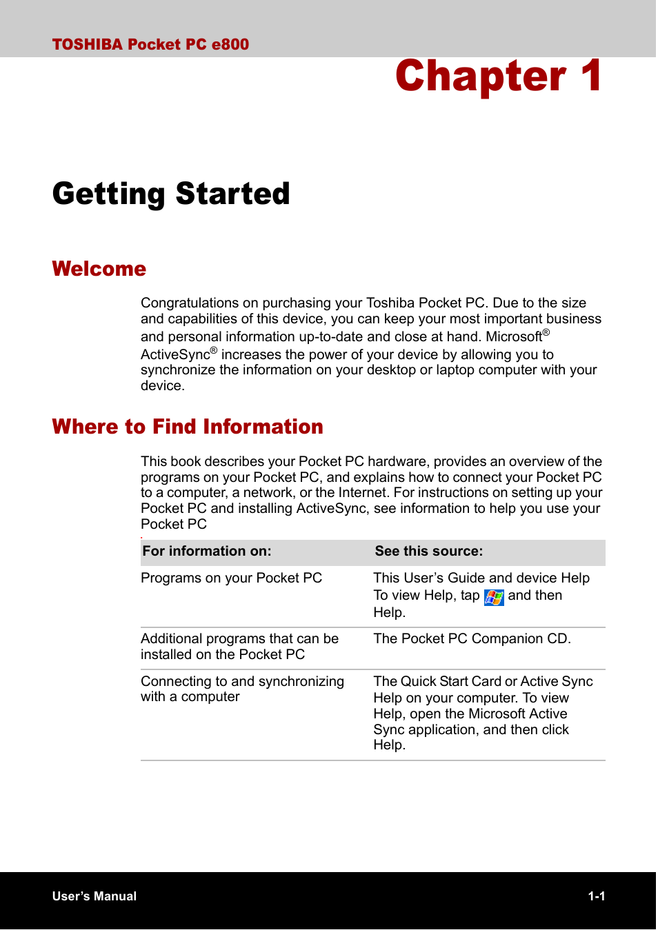 Getting started, Welcome, Where to find information | Chapter 1, Welcome -1 where to find information -1 | Toshiba Pocket PC e800 User Manual | Page 17 / 223