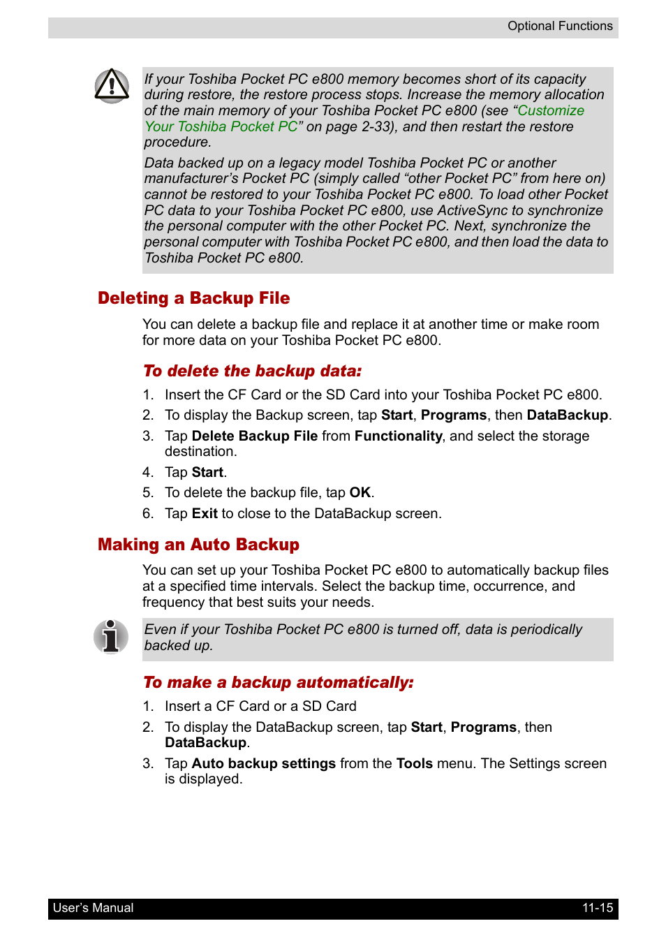 Deleting a backup file, Making an auto backup, Making | An auto backup | Toshiba Pocket PC e800 User Manual | Page 170 / 223