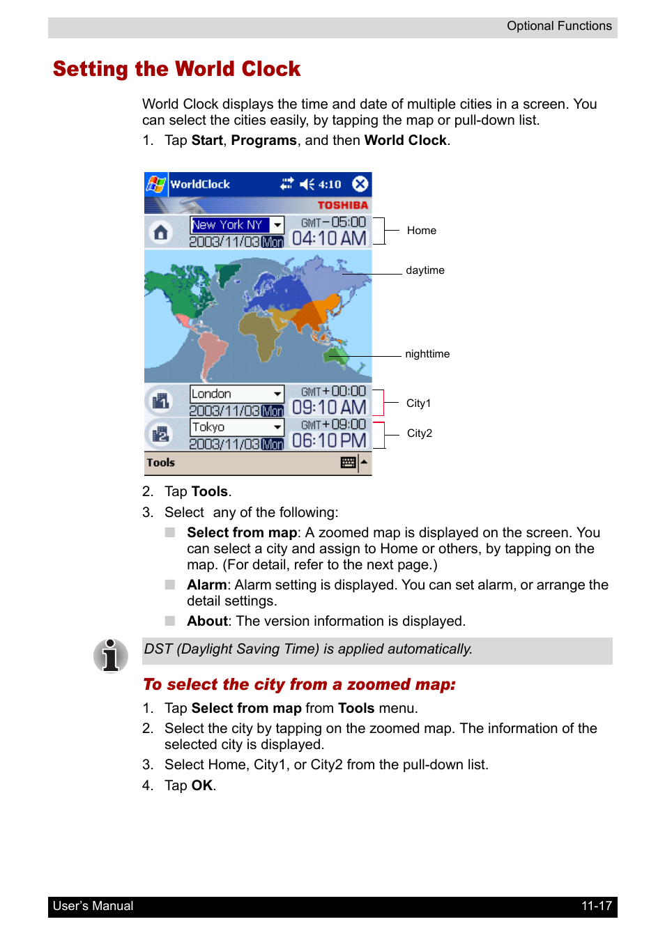 Setting the world clock, Setting the world clock -17 | Toshiba Pocket PC e800 User Manual | Page 172 / 223