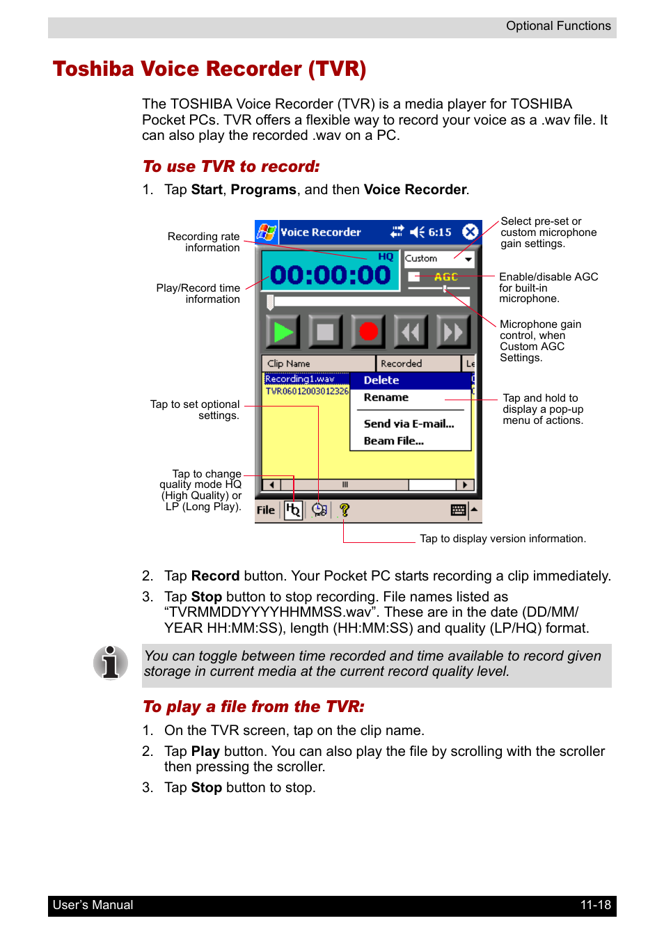 Toshiba voice recorder (tvr), Toshiba voice recorder (tvr) -18 | Toshiba Pocket PC e800 User Manual | Page 173 / 223