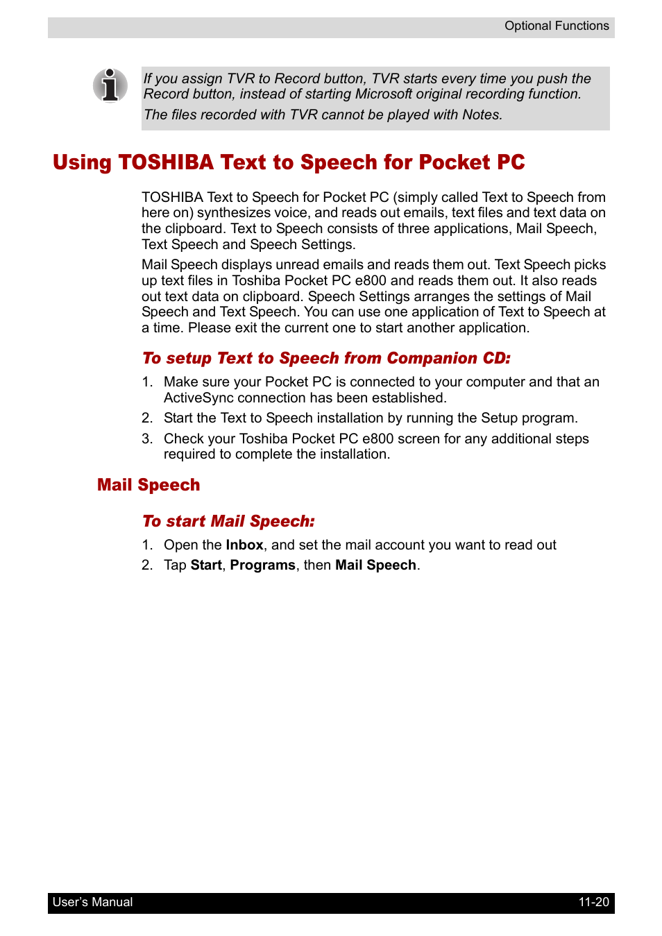 Using toshiba text to speech for pocket pc, Mail speech, Using toshiba text to speech for pocket pc -20 | Toshiba Pocket PC e800 User Manual | Page 175 / 223