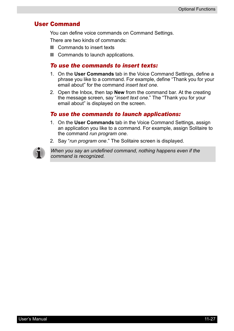 User command | Toshiba Pocket PC e800 User Manual | Page 182 / 223