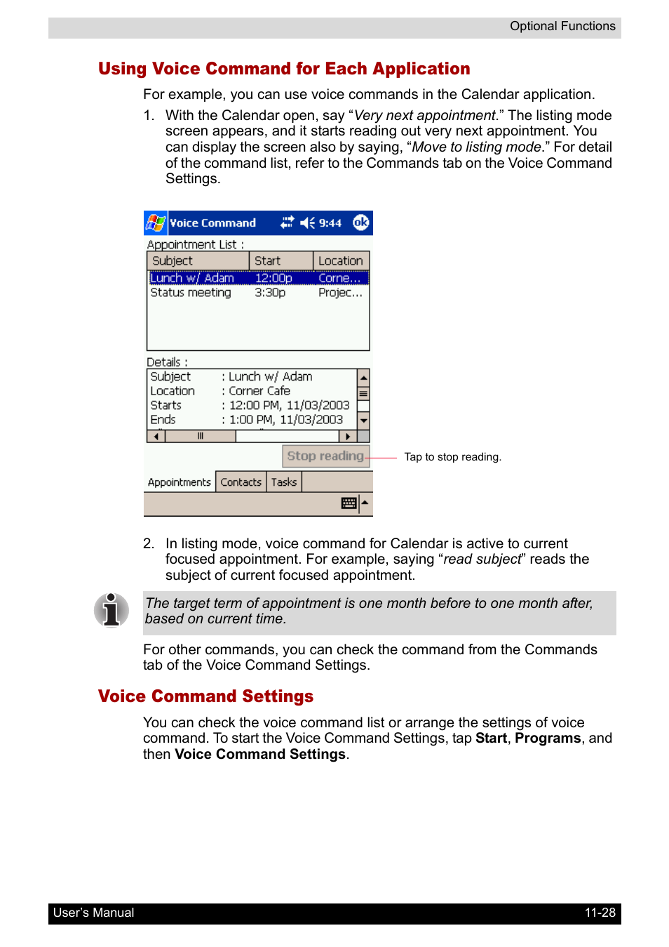 Using voice command for each application, Voice command settings | Toshiba Pocket PC e800 User Manual | Page 183 / 223
