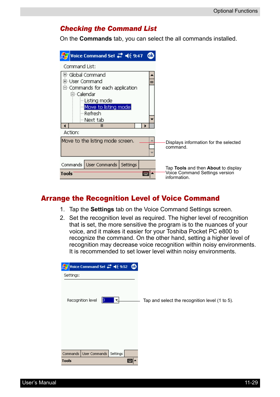 Arrange the recognition level of voice command, Checking the command list | Toshiba Pocket PC e800 User Manual | Page 184 / 223
