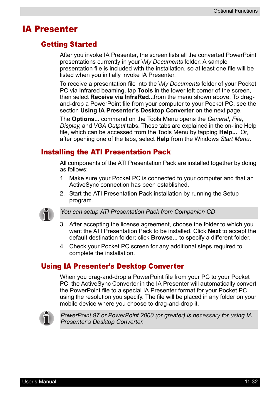 Ia presenter, Getting started, Installing the ati presentation pack | Using ia presenter’s desktop converter, Ia presenter -32 | Toshiba Pocket PC e800 User Manual | Page 187 / 223